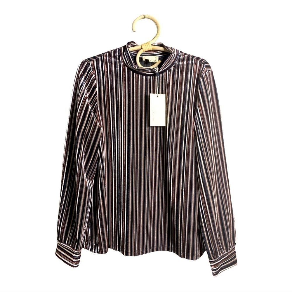 The Korner Velvet Striped Mock Neck Top Small NWT Black Burgundy Silver - Picture 3 of 13
